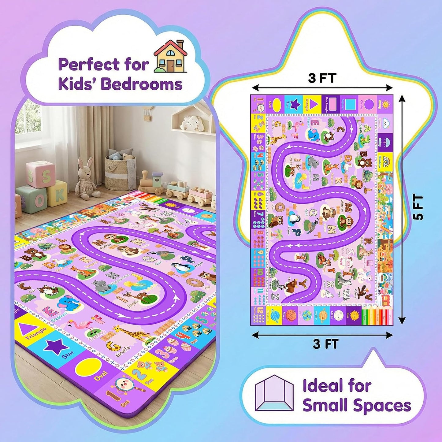Kids Rugs for Playroom 3x5 Feet, Educational ABC Alphabet Rug with Numbers Seasons, ABC Rugs for Kids Playroom Non-Slip Play Mat for Bedroom Nursery Classroom, Purple