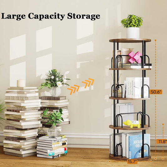 4 Tier Rotating Bookshelf, 360 ° Display Corner Book Shelf, Stackable Spinning Bookshelf Tower, Narrow Tall Revolving Bookcase, Round Swivel Storage Organizer (Black, 4 Tiers)