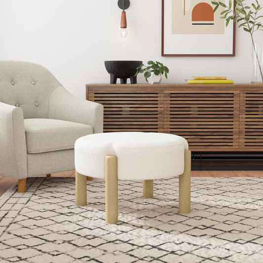 HomePop Luna Modern Round Ottoman|Homepop Home Décor|Ottoman for Living Room & Bedroom - Cream Boucle