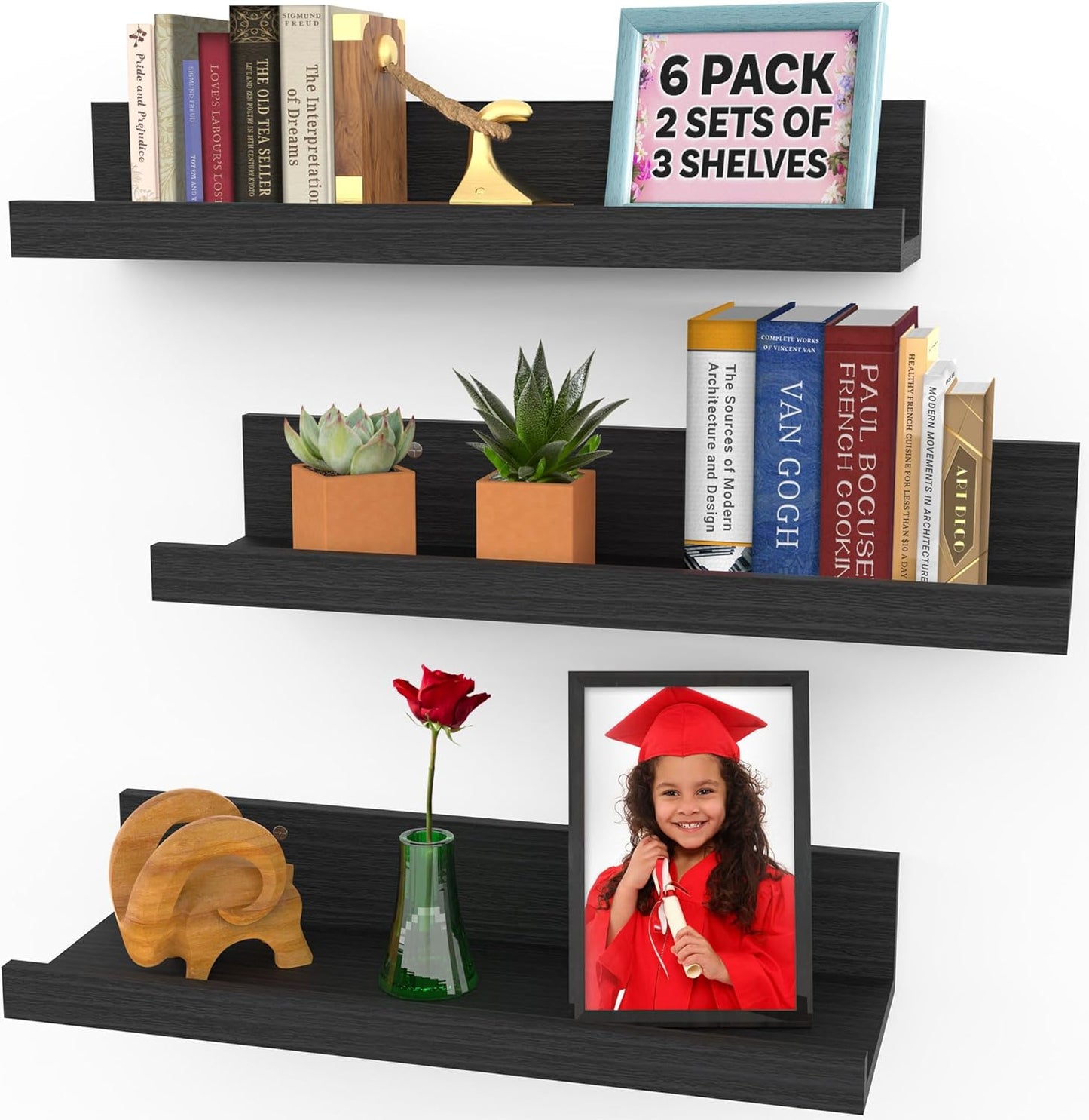 Icona Bay 16 Inch Floating Shelves for Wall - Set of 6 in Ebony Black - Modern Rustic Style - Wall Mounted Display Shelves - Picture Ledges