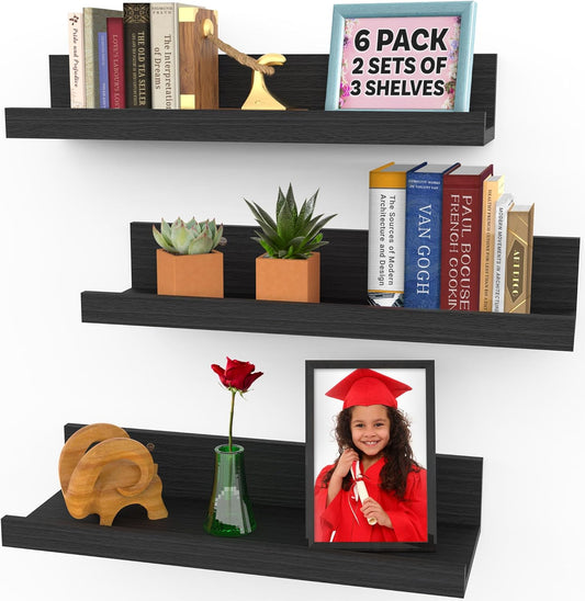 Icona Bay 16 Inch Floating Shelves for Wall - Set of 6 in Ebony Black - Modern Rustic Style - Wall Mounted Display Shelves - Picture Ledges