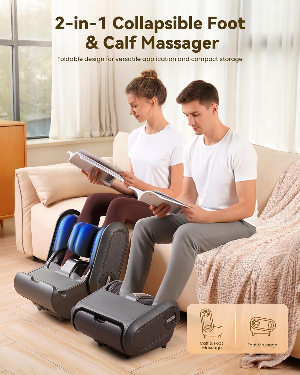 2 in 1 Shiatsu Foot Massager Machine, Foot and Calf Massager with Adjustable Heat, Deep Kneading Therapy, Vibration, Compression, for Plantar Fasciitis, Neuropathy, Gifts for Women Man, up to Size 14