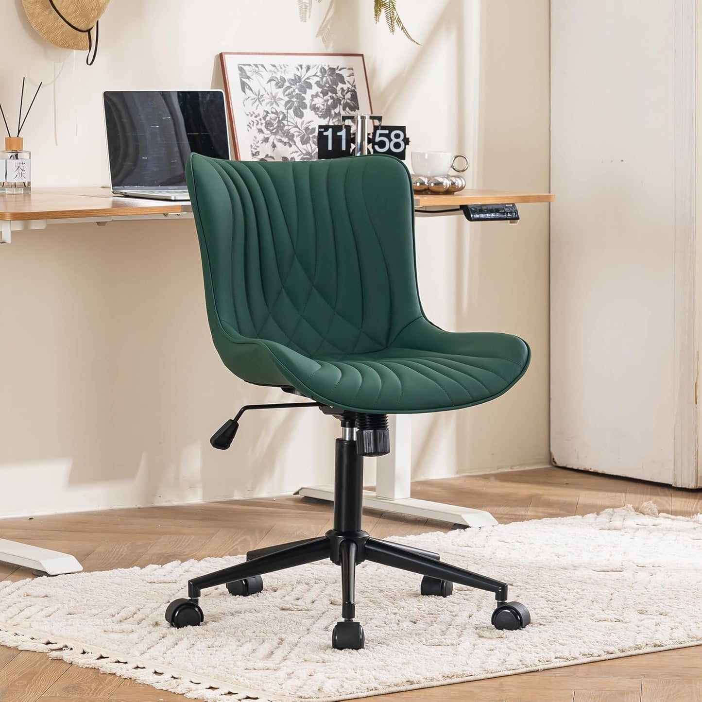 YOUTASTE Dark Green Armless Office Chair, Modern Adjustable Swivel Desk Chair with Wheels, Upholstered PU Leather, Black Metal Legs, Back Support for Home Office, Study, Vanity, Bedroom
