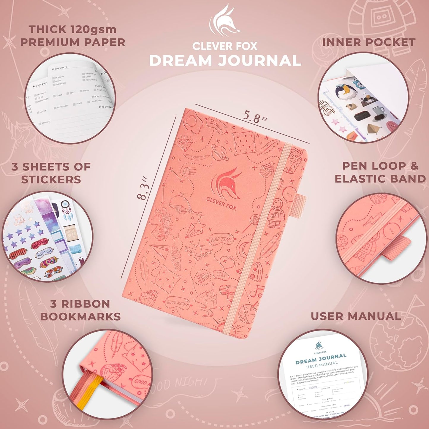 Clever Fox Dream Journal – Guided Dream Diary for Women, Men & Kids – Hardcover Dream Notebook – Log Book for Dream Journaling (Light Pink)