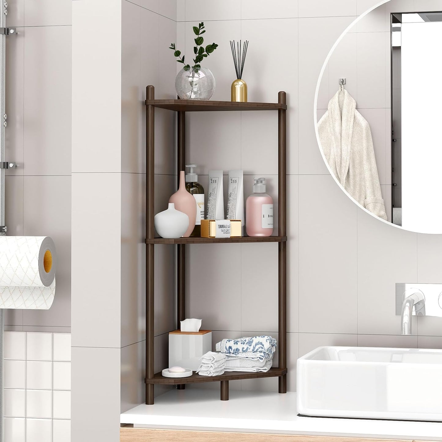Corner Shelf Stand - 3 Tier Bamboo Small Corner Bookshelf for Office Kitchen Bedroom Plant Stand Living Room Decor Small Space (Brown，3 Tier)