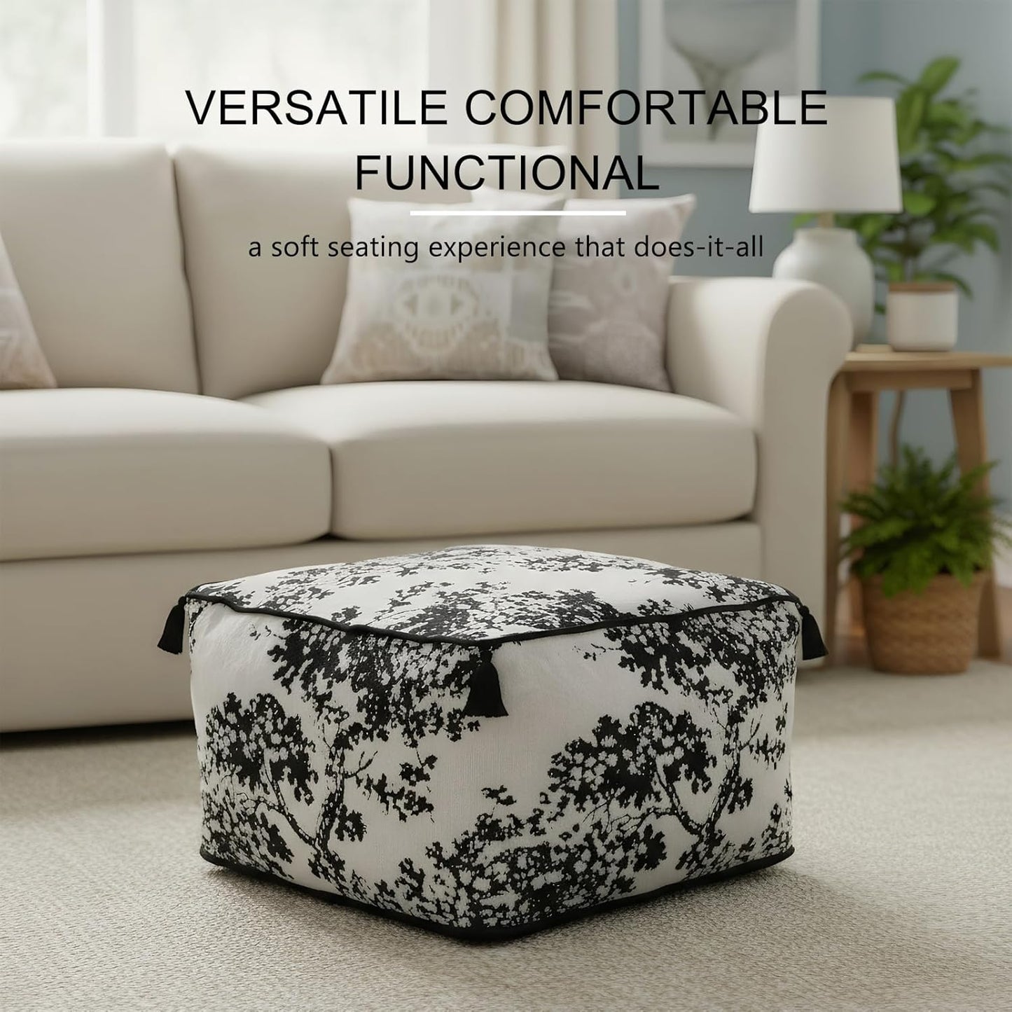 Square Pouf Ottoman Foot Stool with Tassels - Soft Chenille for Living Room & Office - Foot Rest, Home Decor & Removable Cover - Modern Black White Tree Design - 19.7" x 11.8"