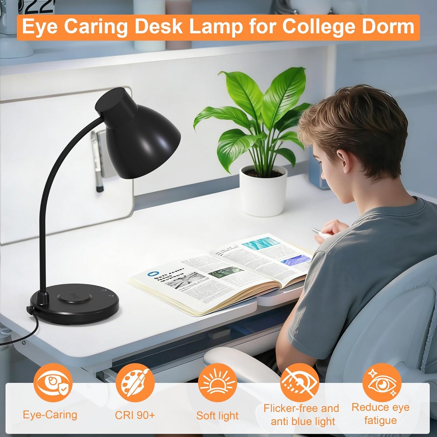 Desk Lamps for Home Office - LED Desk Lamp with Wireless Charger, 3 Color Modes Dimmable Eye-Caring Study Reading Desk Light, Small Flexible Arm Table Lamp for College Dorm Room Bedside, Black