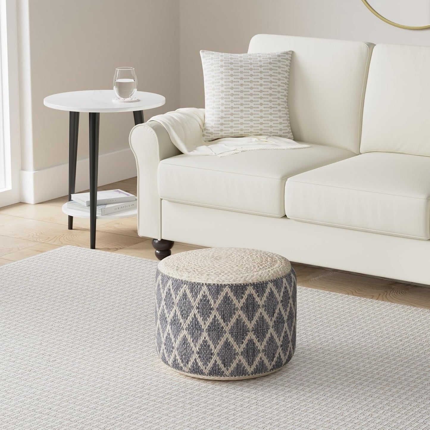 SIMPLIHOME Edgeley Round Pouf - 18 inch Wide Handwoven Jute and Cotton Ottoman in Grey and Natural, Boho-Style Footstool or Extra Seating for Living Room, Bedroom, or Kids Room, Assembled