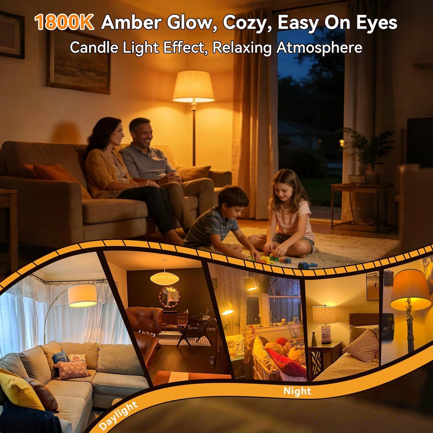 Neporal A15 Amber LED Light Bulb 1800K, True Blue Light Blocking Sleep Aid Bulb for Bedroom Nursery, 7W Replacement for 40W, Soft Warm Glow to Protect Melatonin, E26 Base (8, Amber)