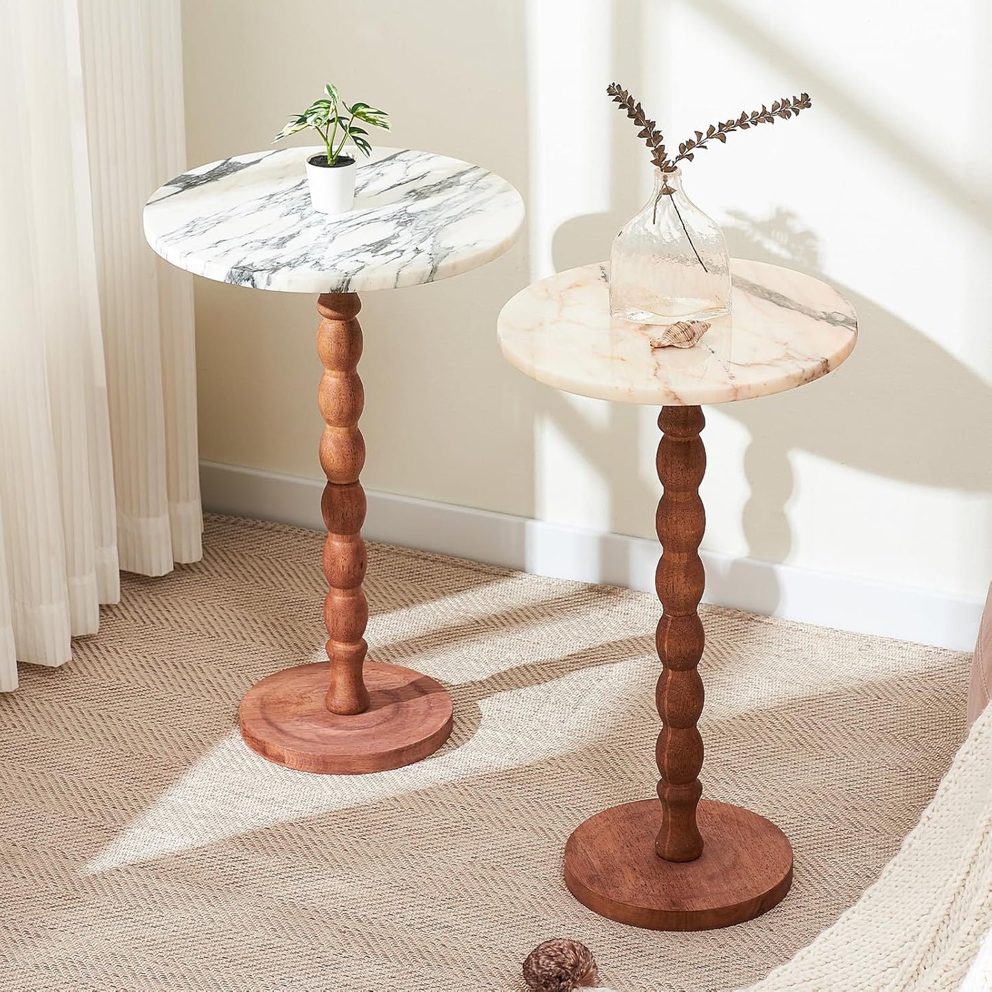 Round End Table, Modern Accent Table with Base, Marble Top & Solid Wood Legs for Living Room, Bedroom, Office (Pink,Big