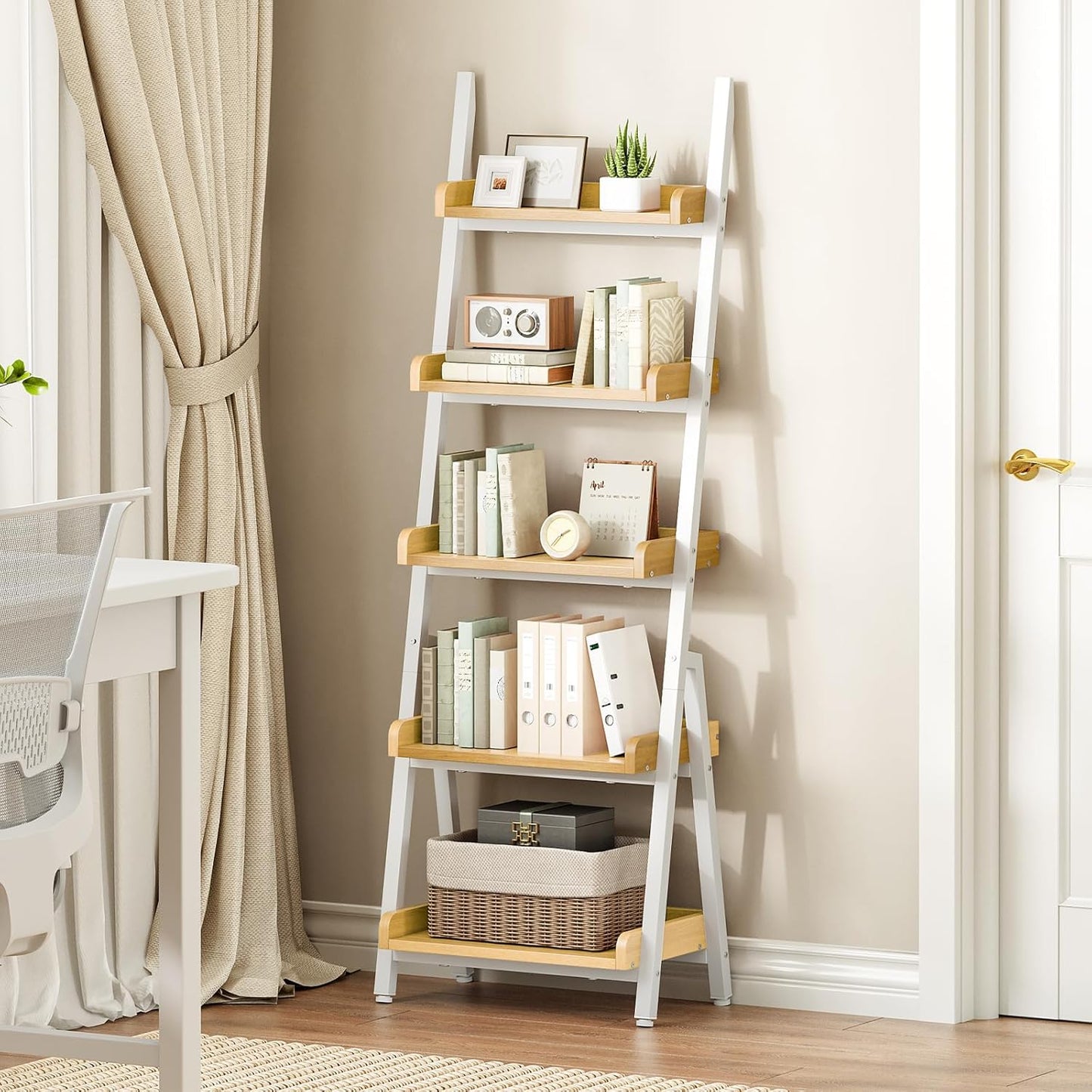 HOOBRO Small Bookcase, Ladder Shelf, 5-Tier Wall-Leaning Shelf, Freestanding Storage Rack, Display Stand, for Living Room, Home Office, Balcony, Bedroom, White and Natural WN151CJ01