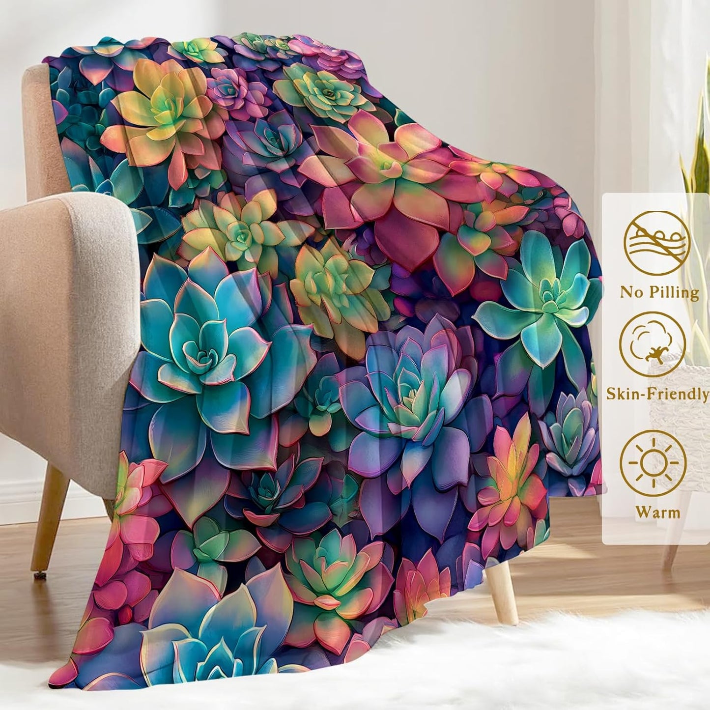 Succulent Plant Fleece Blanket - Lightweight Soft Cozy Gifts Throw for Plant Lovers,Kids,Women,Girls,Lush and Colorful Multicolored Meaty Blankets,Home Room Modern Art Decor 40x50in