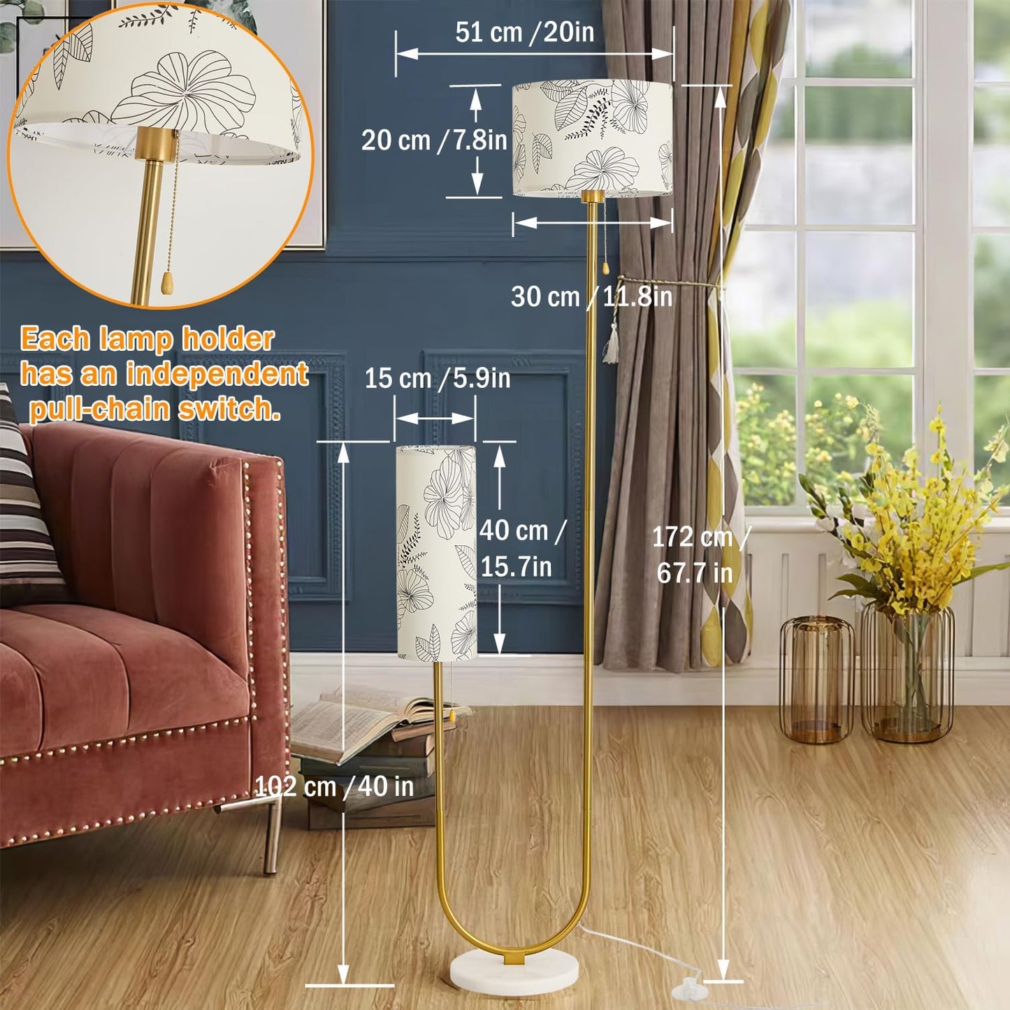 Floor Lamp for Living Room,Modern U-Shaped Standing Lamps with 2 Fabric lampshades, Rustic Farmhouse Tall Pole Light for Bedroom Corner Reading (Gold+White Shade)