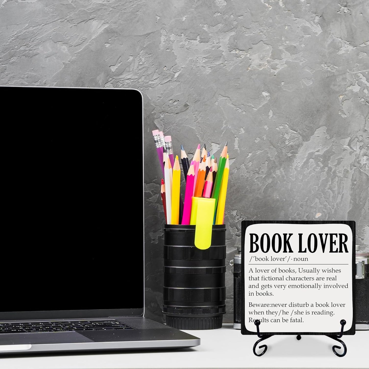 Reading Lover Wooden Plaque - Book Lover Wooden Sign with Metal Stand, Inspirational Library & Bookshelf Decor for Home, Office Desk - Gift for Women, Men, Readers(5x5 Inches)-A01