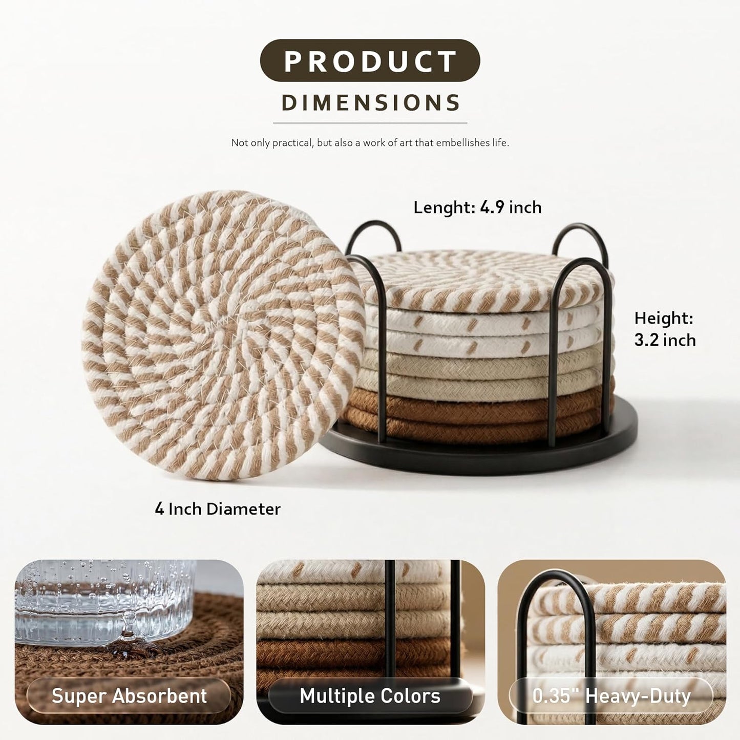 Coasters Set of 8 for Drinks, Beer, Coffee, Cotton Woven 4 Colors Absorbent Coaster with Holder, Boho Coasters for Home Decor Tabletop Protection Suitable for Kinds of Cups, Coffee