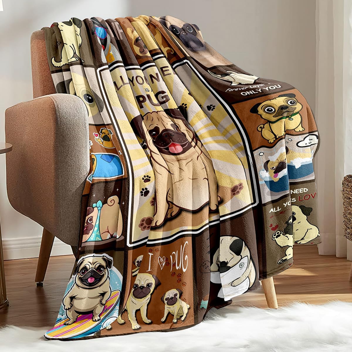 Pug Blanket, Cute Puppy Fleece Blankets Super Soft Fuzzy Gifts for Pugs Lovers Plush Throw Dog Decor (Brown Pug, 47" x 60")