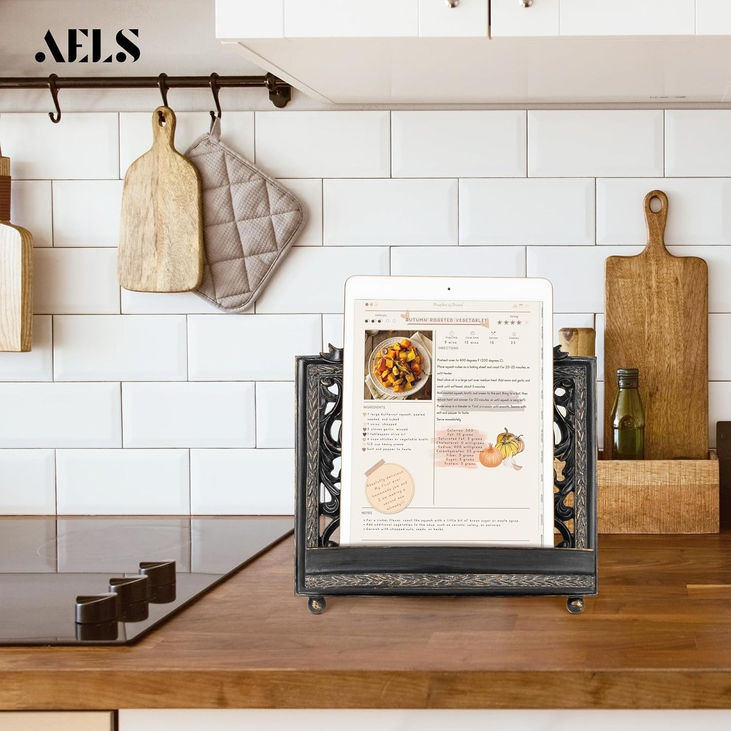 AELS Vintage Ornated Cookbook Stand for Kitchen Counter, Farmhouse Recipe Book Holder, Retro Heavy Duty Cook Book Stand, Gift Ideas, Antique Black Hollowed Decor