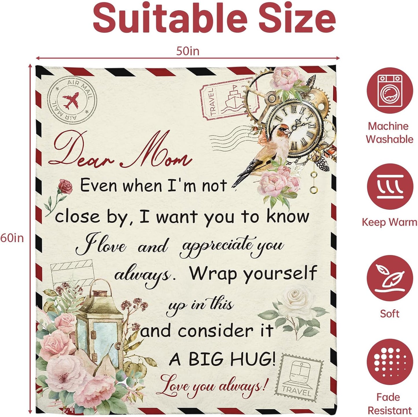 Mom Blanket with Flowers & Letter Print, Mom Gifts for Birthday, Mother’s Day, Christmas, Thanksgiving, Gifts for Mother from Children, Soft Throw Blanket 50" x 60"