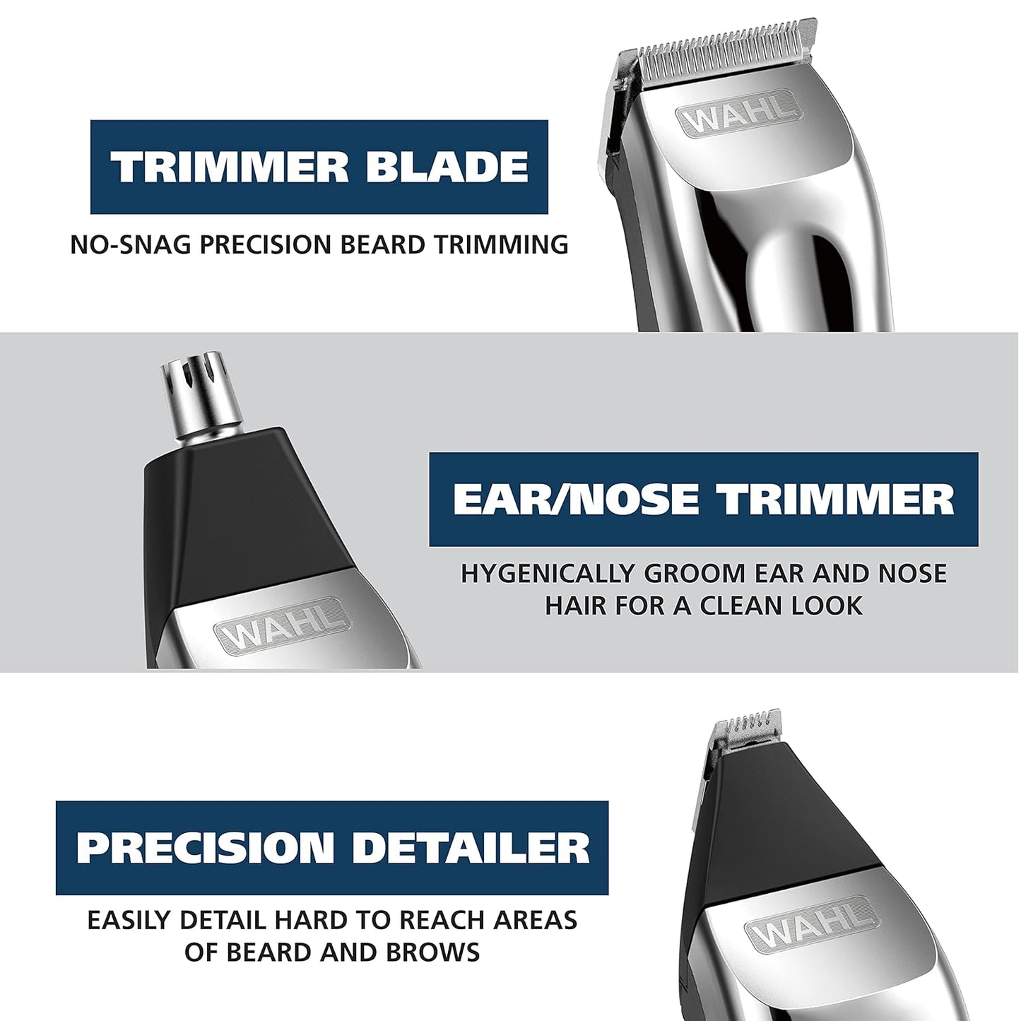 Wahl USA Rechargeable Lithium Ion All in One Beard Trimmer for Men with Detail and Ear & Nose Hair Trimmer Attachment – Model 9854-600B