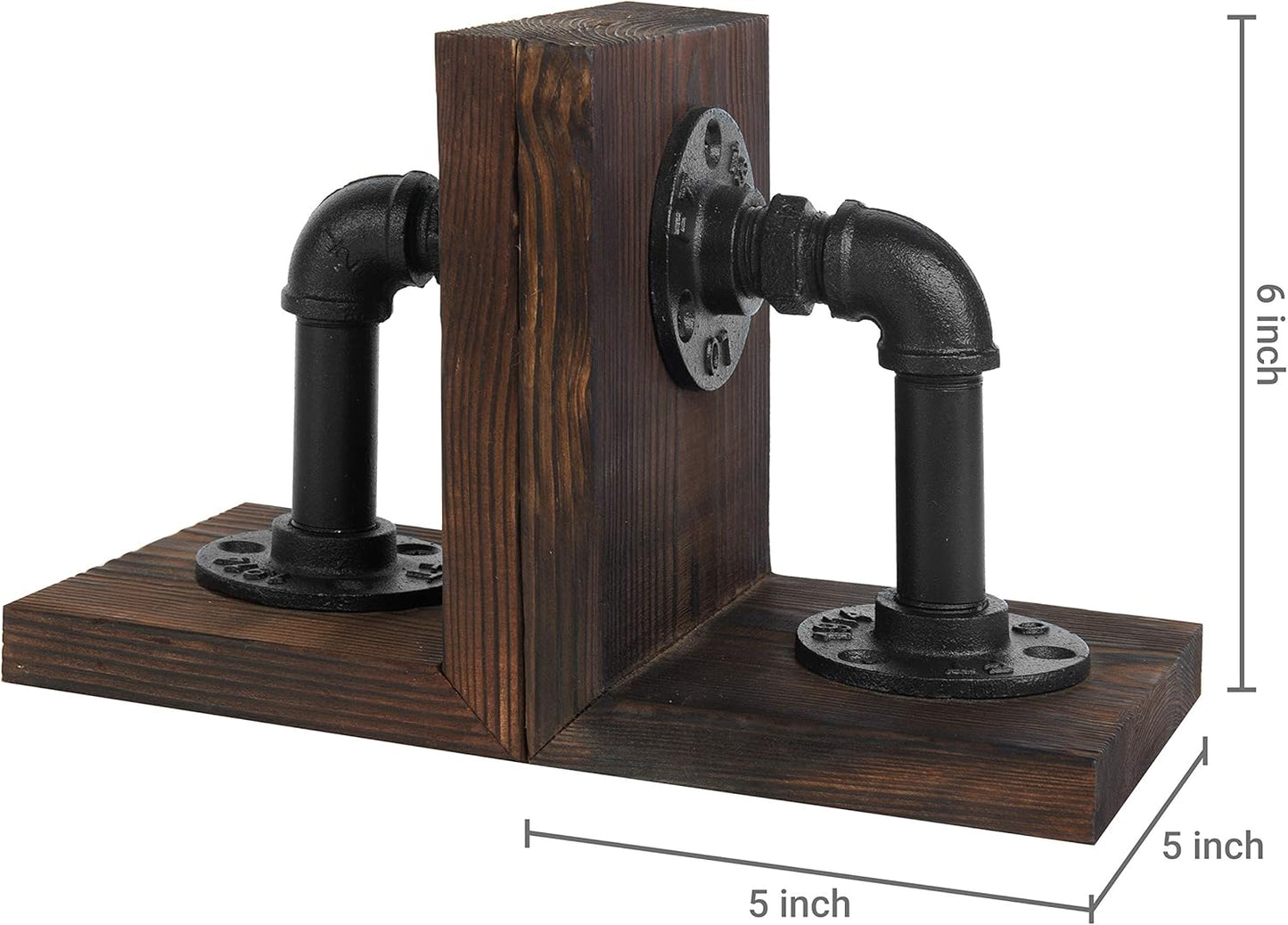 MyGift Book Ends Decorative, Bookends for Shelves, Metal Bookends for Heavy Books, Office Decor for Men, Wood Book Stopper, Realistic Industrial Pipe Design, Dark Brown