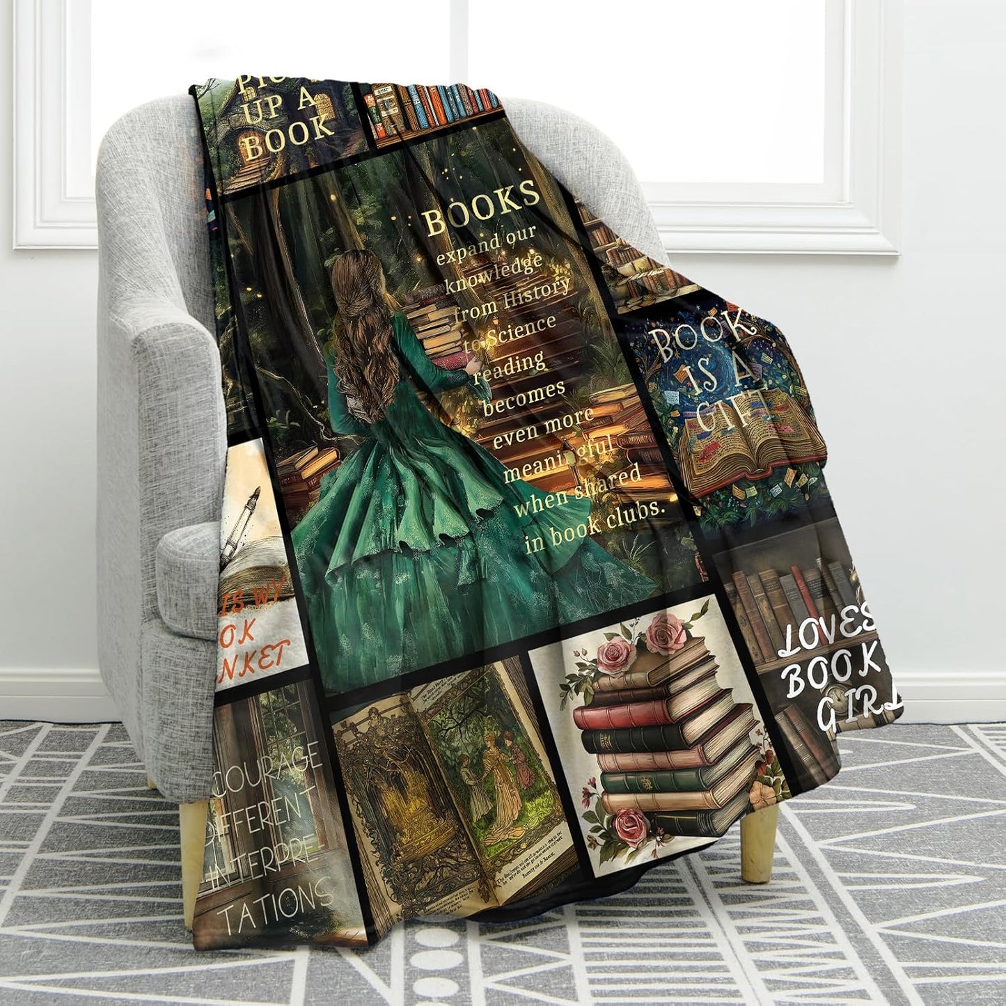 Jekeno Book Lovers Gifts Blanket for Women Girls Daughter Son Bookworms Reader Birthday Christmas Party Present Enchanted Forest Book Reading Theme Print Decor Books Clubs Home Soft Cozy Throw 50"x60"