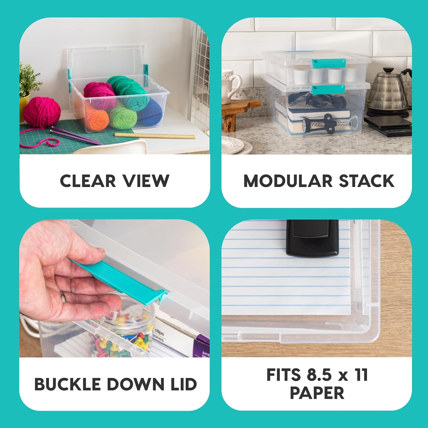 IRIS USA 12 Qt. Craft Storage Bins with Lids, 4-Pack, |Made in USA|, Clip Box, Medium Plastic Sensory Bin Tote Organizer Containers for Art Supplies, Paper, & Office, Stackable - Clear/Seafoam Blue