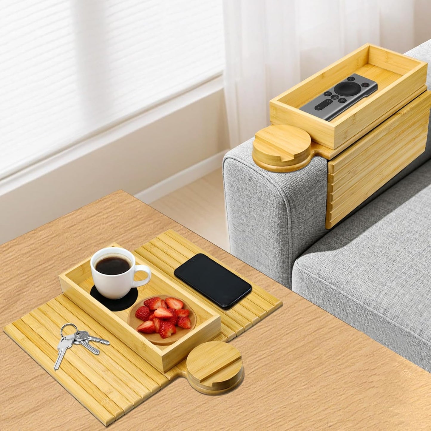 Couch Armrest Table, 3-in-1 Magnetic Removable Sofa Handrail Table,Bamboo Sofa Cup Holder for Meals, Beverages and Mobile Phones (Natural)