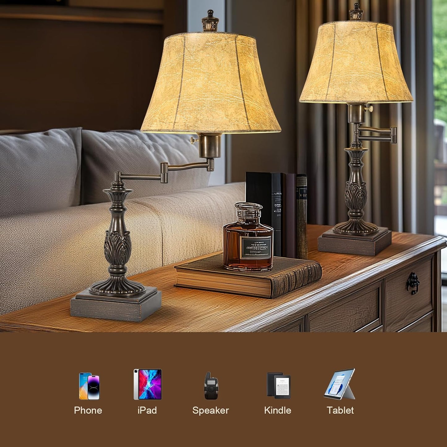 23.5" Rustic Traditional 350° Adjustable Swing Arm Table Lamp Set of 2 with USB A+C Ports Brown Finish Faux Leather Shade Vintage Nightstand lamp for Living Room Bedroom Office (Bulb Included)