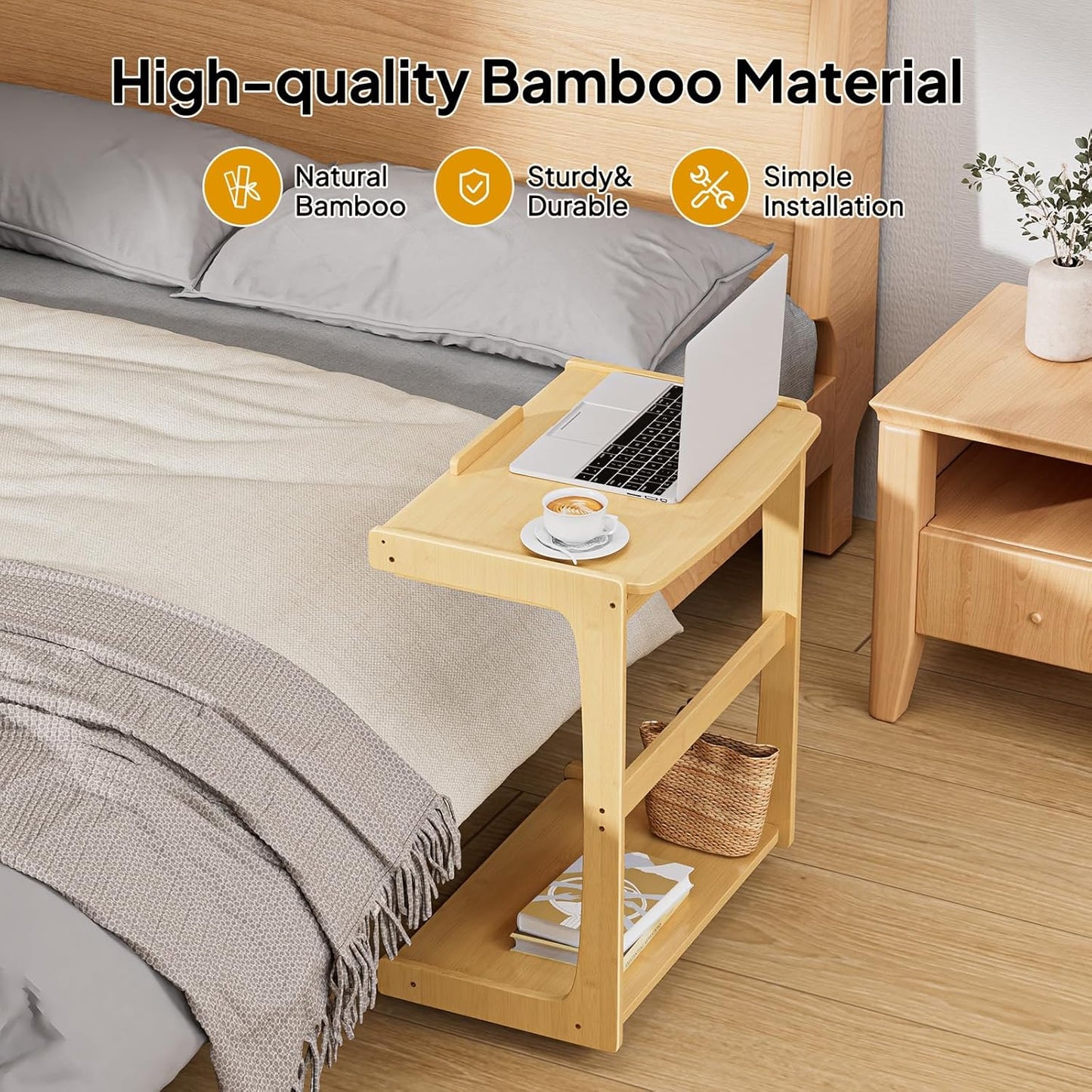 C Shaped Side Table, Rolling Bamboo End Table with Adjustable Tilt Top & Storage Shelf, Small Couch Table with Wheels for Living Room, Bedroom, Natural