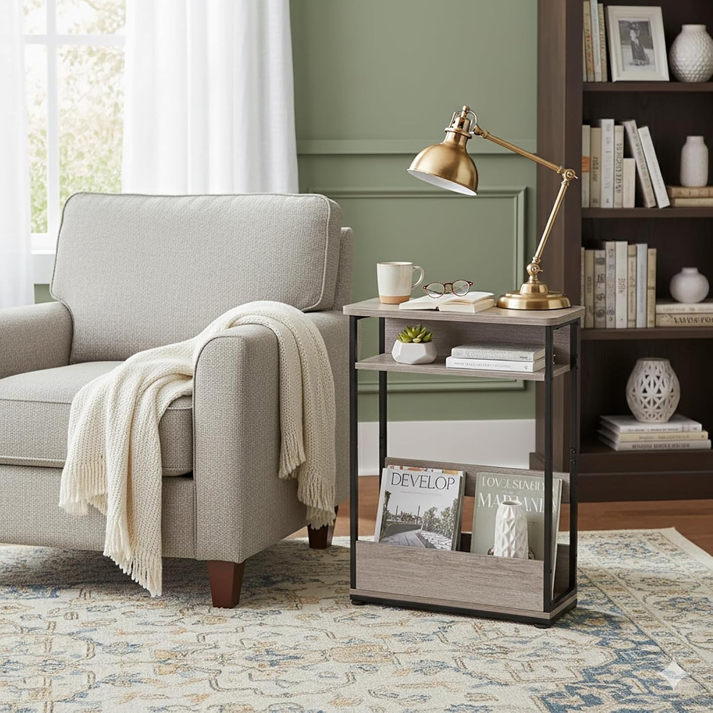 Narrow Side Table,3-Tier Slim End Table with Storage Shelf,Modern Sofa Table Thin Side Table for Narrow and Small Spaces, Skinny Bedside Table Small Nightstand with Magazine Rack Space Saving/Oak
