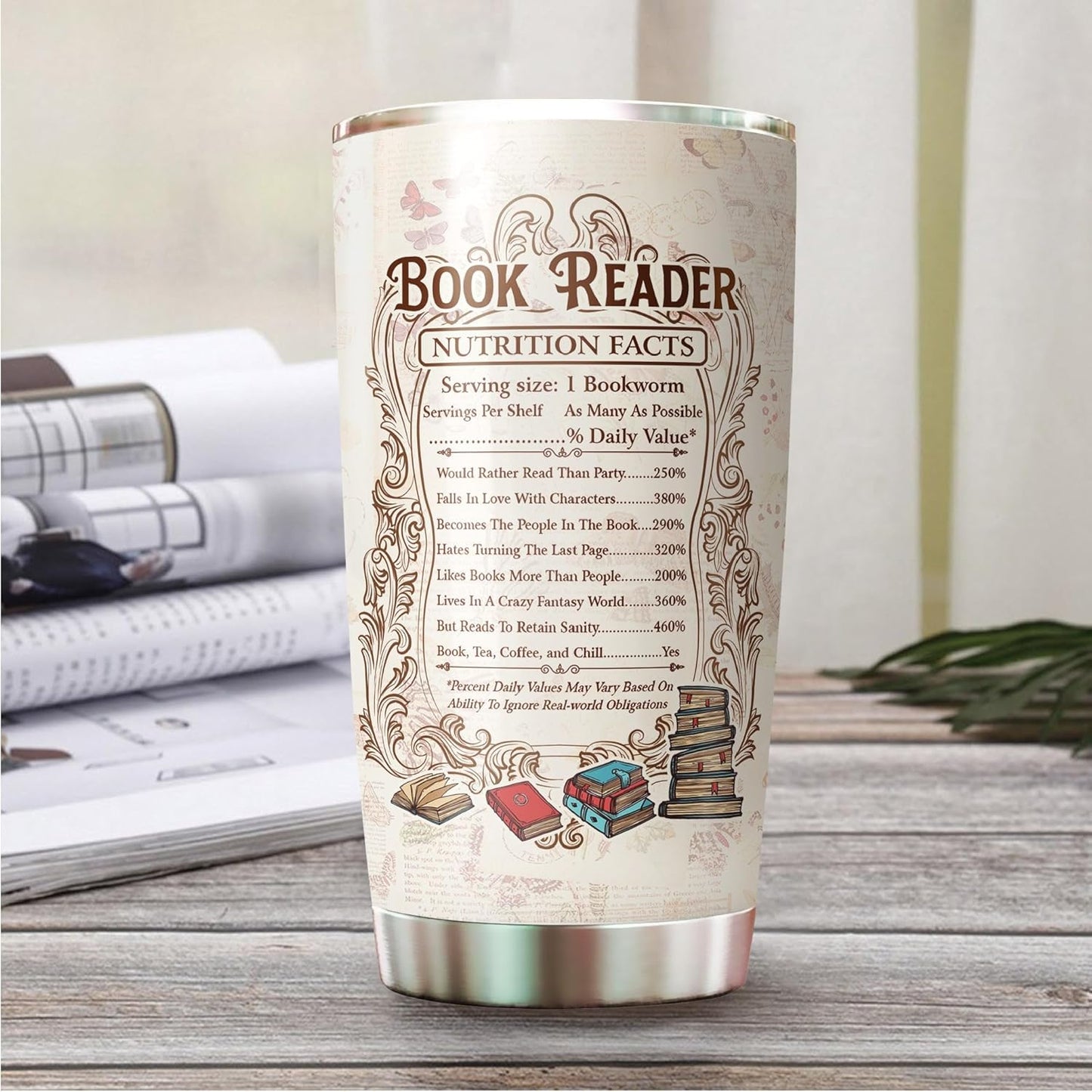 Book Lover Tumbler - Stainless Steel Insulated Drinking Cup - 20 oz - for Hot and Cold Drinks - Gift for Book Readers, Nerd, Bookworms