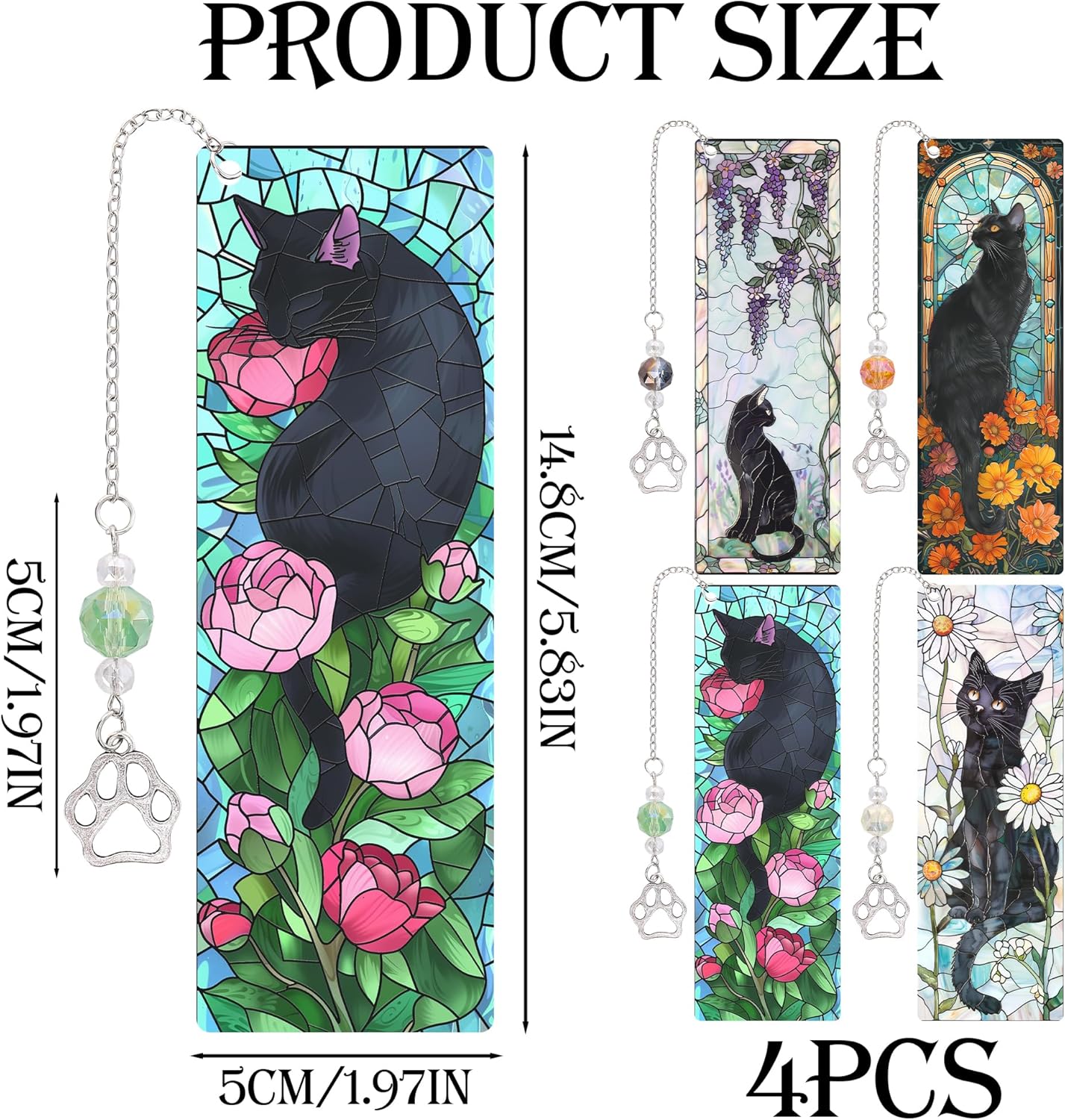 Cute Cat Bookmark Gifts - 4 Pcs Funny Stained Glass Bookmarks for Women Men Book Lovers Cats Paw Pendant Tassels Beaded Page Marks Reading Accessories Bookish Gift for Birthday Back to School