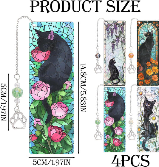 Cute Cat Bookmark Gifts - 4 Pcs Funny Stained Glass Bookmarks for Women Men Book Lovers Cats Paw Pendant Tassels Beaded Page Marks Reading Accessories Bookish Gift for Birthday Back to School