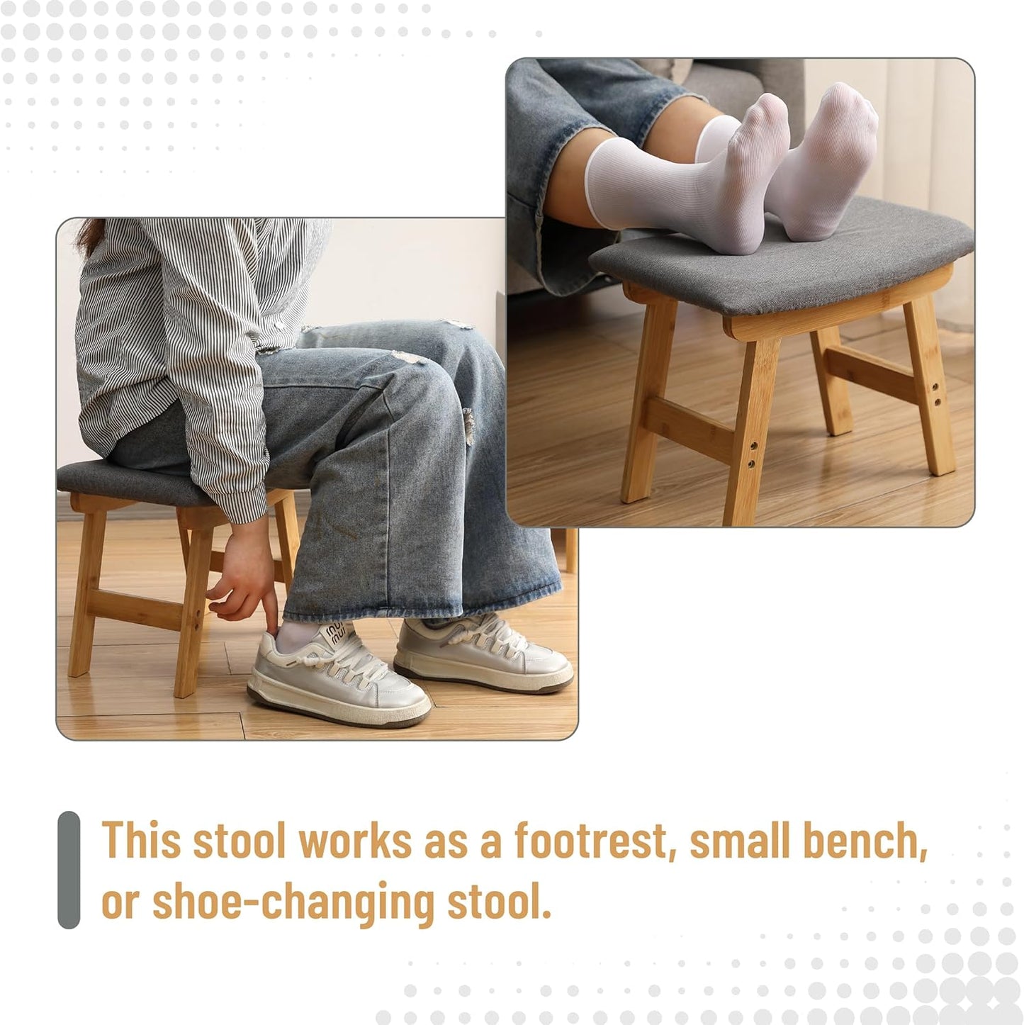 BAMBOO LAND- Bamboo Foot Stools Ottoman, Gray Cushion & Natural Wood Legs, Small Ottoman Foot Rest for Couch