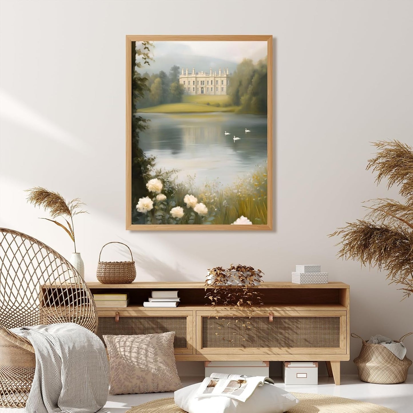 Framed Pemberley Estate Painting Romantic Castle by the Lake Canvas Print Vintage Landscape Picture Jane Austen Inspired Wall Art Pride and Prejudice Poster Decor for Living Room Bedroom 24x36inch
