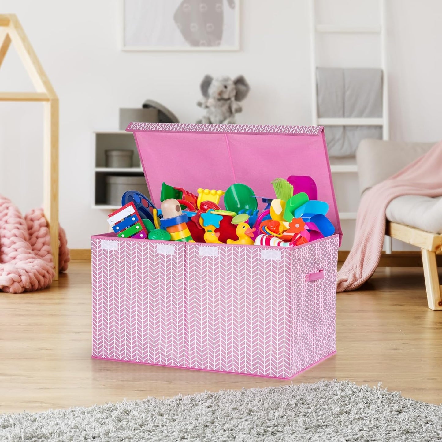 Mayniu Extra Large Toy Box Chest with Dividers, 120L Sturdy Toy Storage Organizer Bin Boxes Basket for Kids, Boys, Girls, Living Room, Nursery, Bedroom, Playroom (26"x17" x17", Pink)