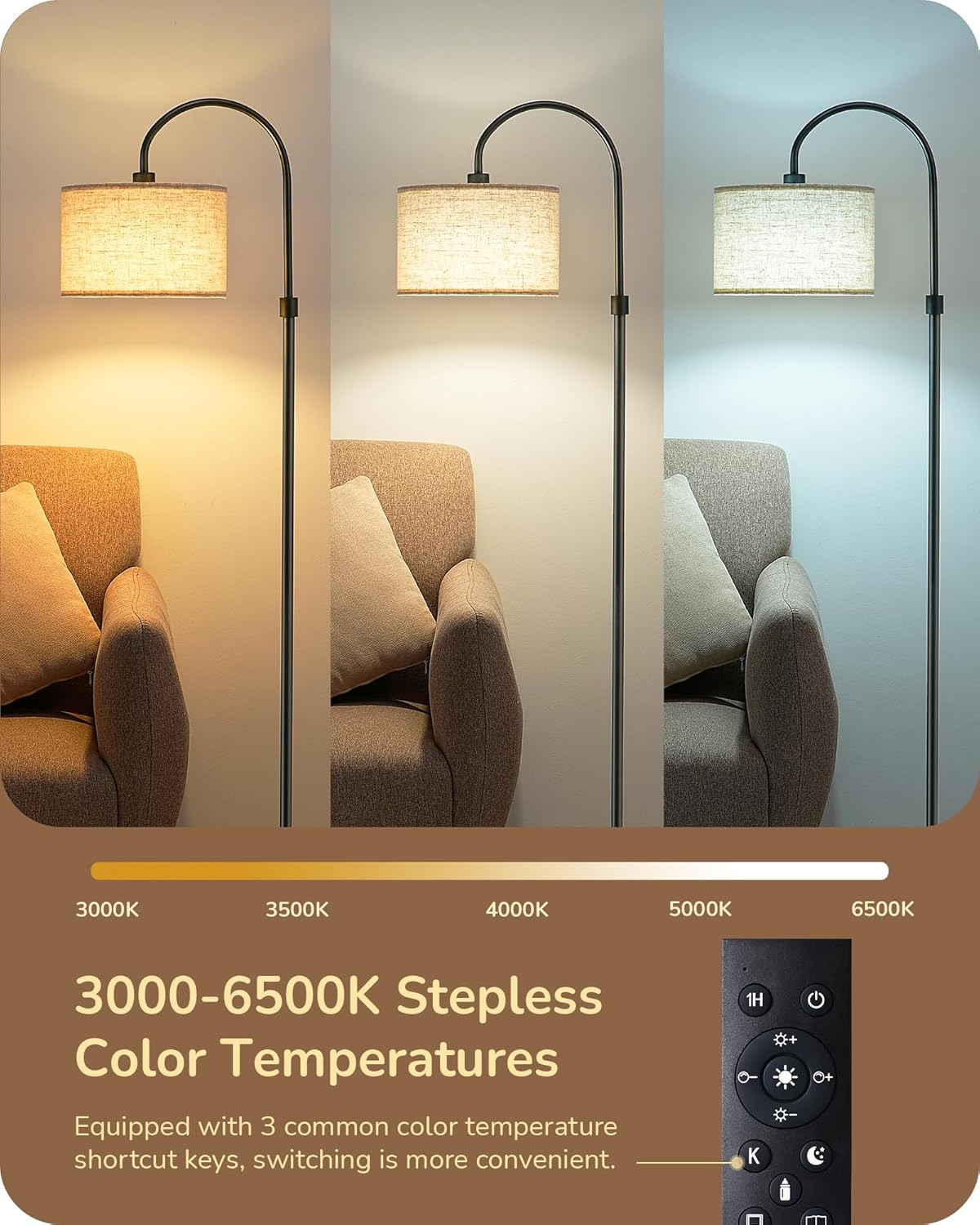EDISHINE Dimmable Floor Lamp with Remote Control, Modern Arc Standing Lamp, 3000K-6500K Color Temperatures, Reading Light for Living Room Bedroom Office, Footswitch, LED Bulb Included, Black