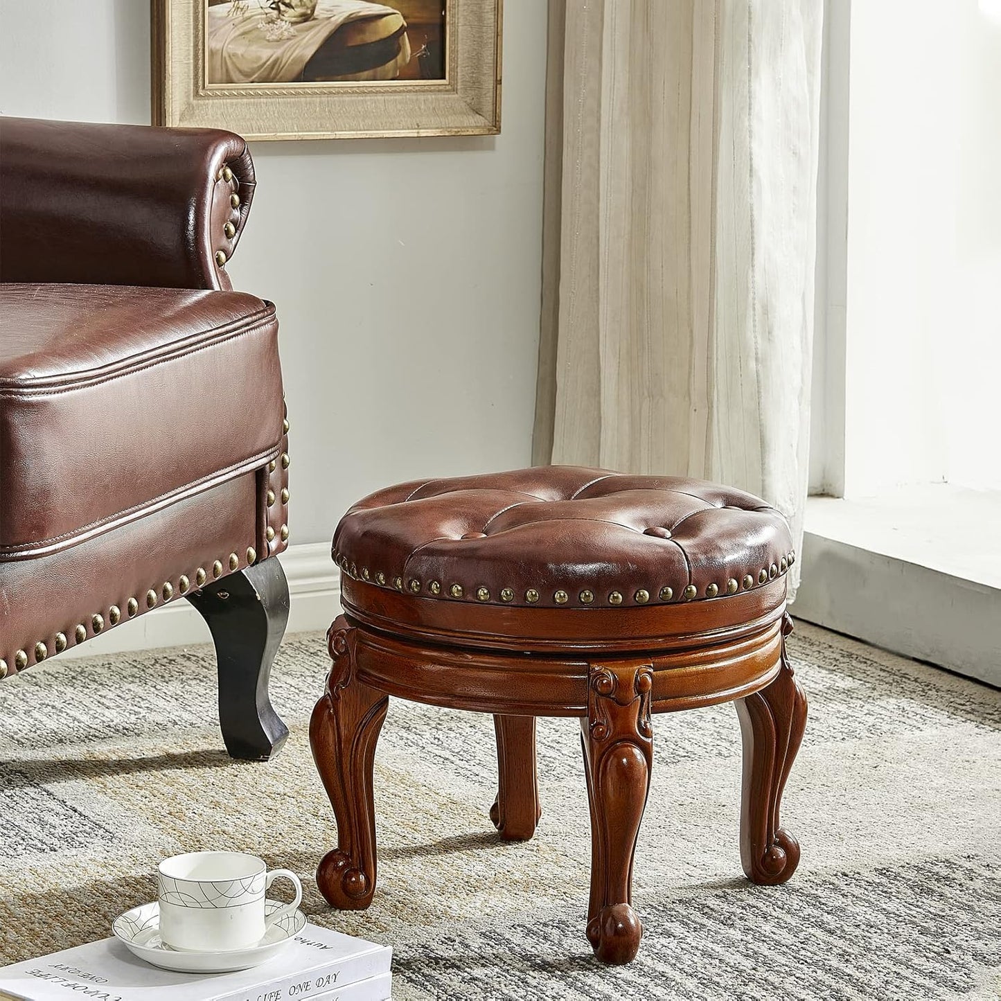 Solid Wood Foot Stool Round Ottoman Mid-Century Footrest Sofa Stool with Microfiber Leather Cushion for Living Room, Bedroom, Entryway (Brown)