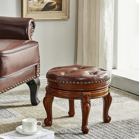 Solid Wood Foot Stool Round Ottoman Mid-Century Footrest Sofa Stool with Microfiber Leather Cushion for Living Room, Bedroom, Entryway (Brown)