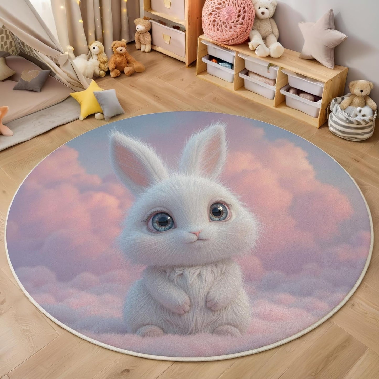 Washable Cute 3D Design Rabbit Sea of Clouds Area Rug, 3Ft Round Rugs for Living Room Soft Carpet for Bedroom Dreamy Animal Indoor Stain Resistant Non-Shedding Floor Carpet, Pink, 3Ft-Round