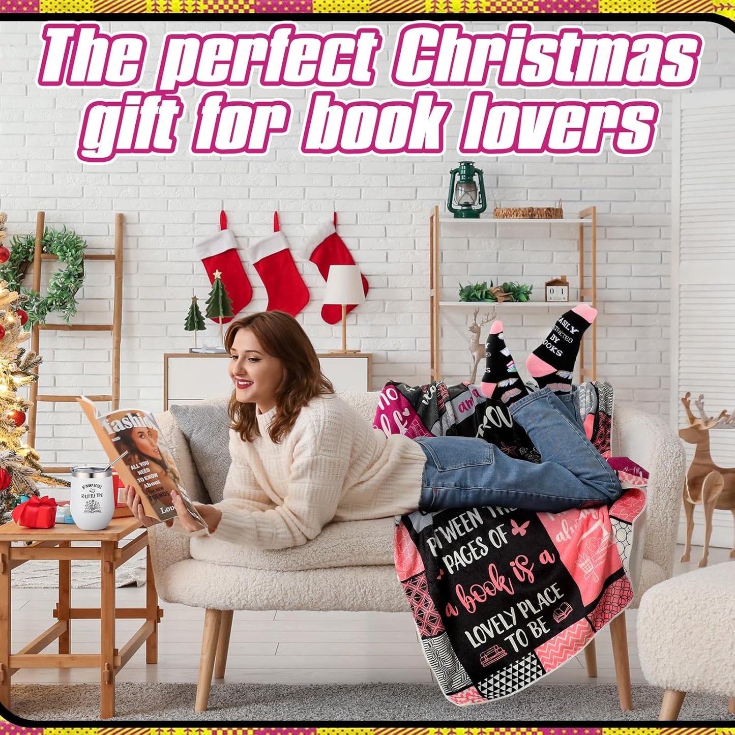 3 Pcs Book Lovers Gifts for Women Include 60'' x 50'' Flower Reading Blanket Insulated Simple Wildflowers Tumbler Socks for Library Club Librarian Cat Owner Readers