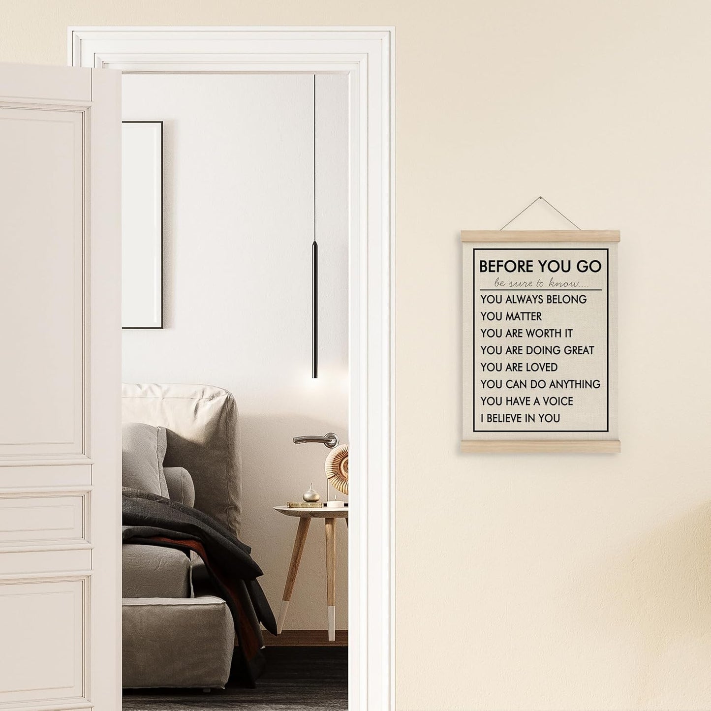 MAQIKA Before You Go Affirmations Poster Framed with Wood Hanger, Affirmation Wall Art, Inspirational Quote Hanging Wall Decor, I Believe in You Canvas Wall Art for Classroom Kids Room 12x16 Inch