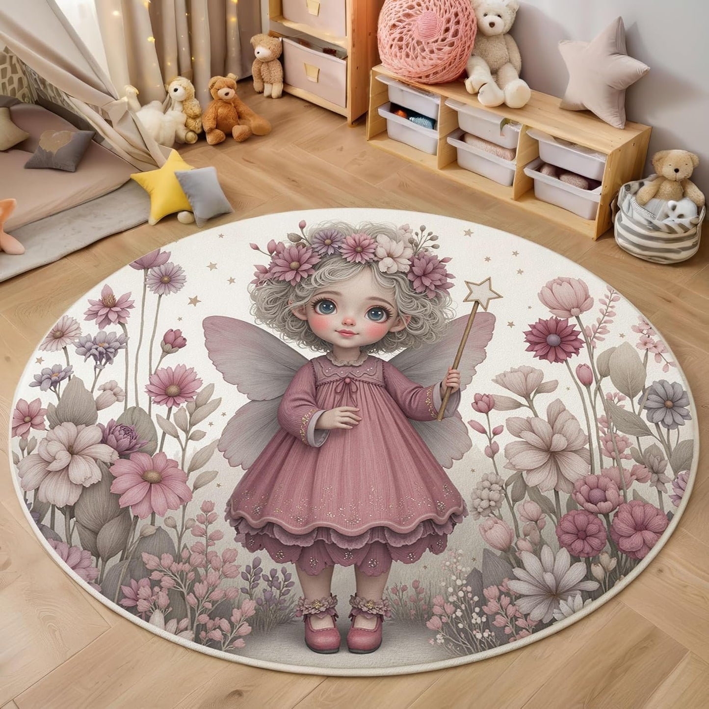 4Ft Round Washable Rug - Large Area Rug for Living Room Dining Room, Pink Gray Soft Bedroom Carpet with Cute Flowers Fairies Pattern, Fairy Tale Illustration Décor, Low Pile Stain Resistant