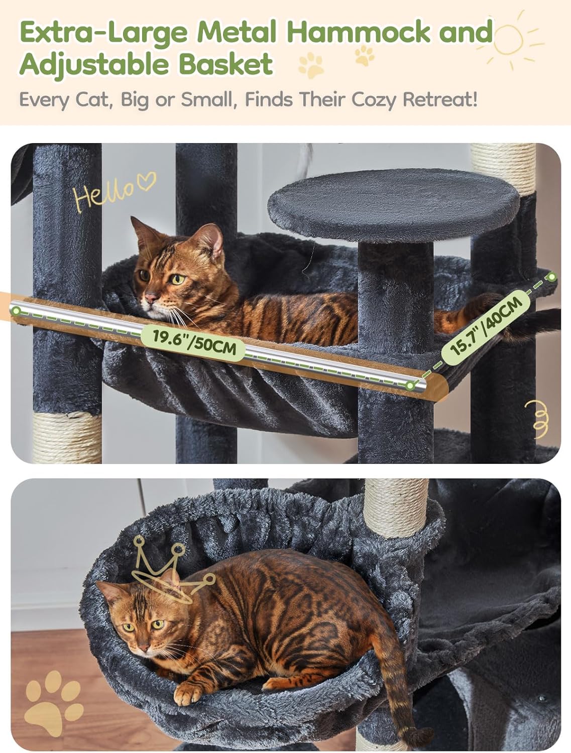 Taoqimiao 76-Inch Cat Tree XXL for Large Cats, Giant Cat Tower with Scratching Board, Extra-Large Metal Hammock, 3 Perches, 7 Sisal Posts, 2 Big Condos, Hanging Basket, Smoky Gray, MS047G