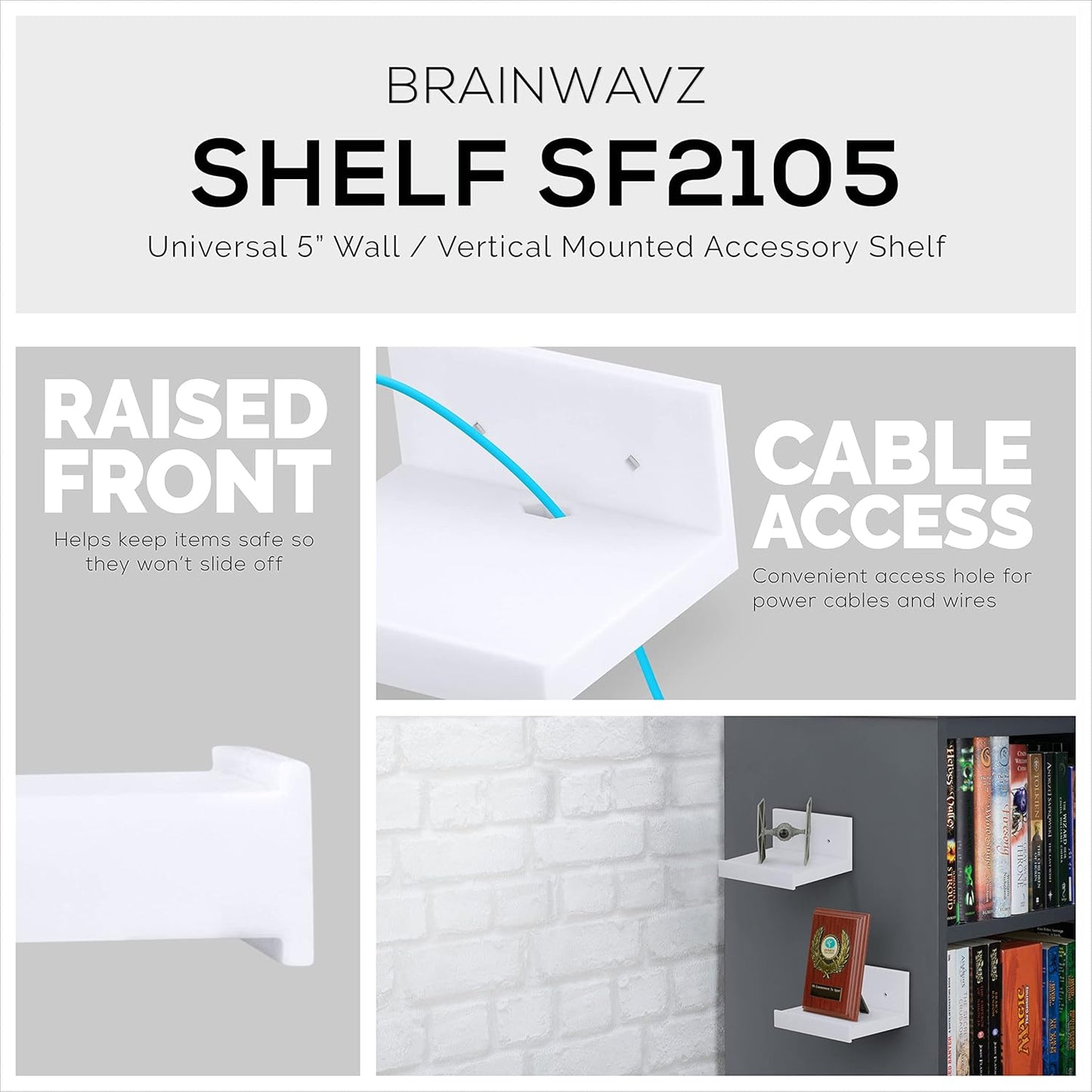 5” Small Floating Shelf, Adhesive & Screw In, For Bluetooth Speakers, Cameras, Plants, Toys, Books & More, Easy to Install Shelves, By Brainwavz (SHELF SF2105, White)