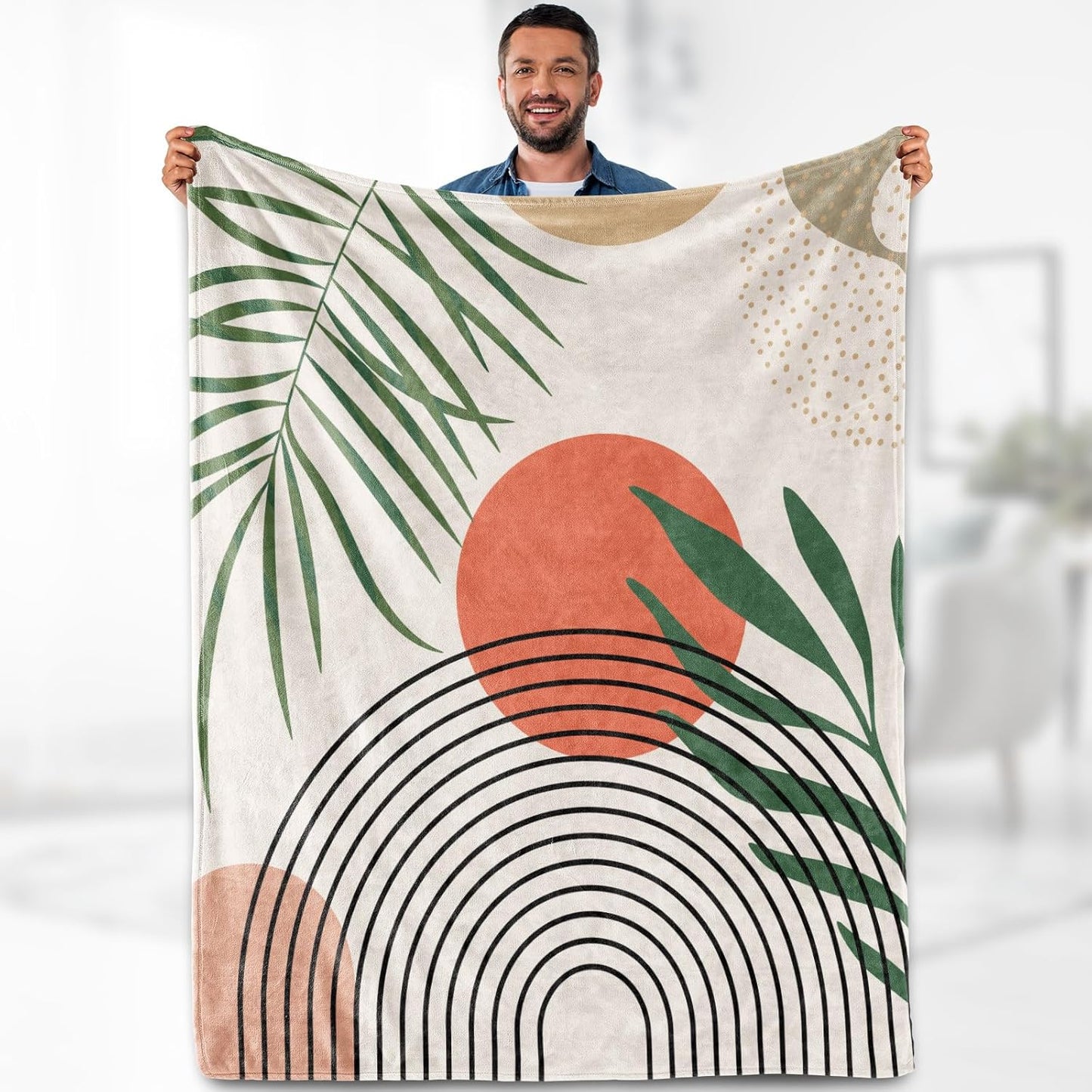 Boho Aesthetic Blanket Gifts - Abstract Sun Leaves Modern Country Rustic Art Throw for Women Kids Men Adults Travel Hiking Camping Decor Soft Fuzzy Birthday Christmas Lightweight Blanket 50"x60"