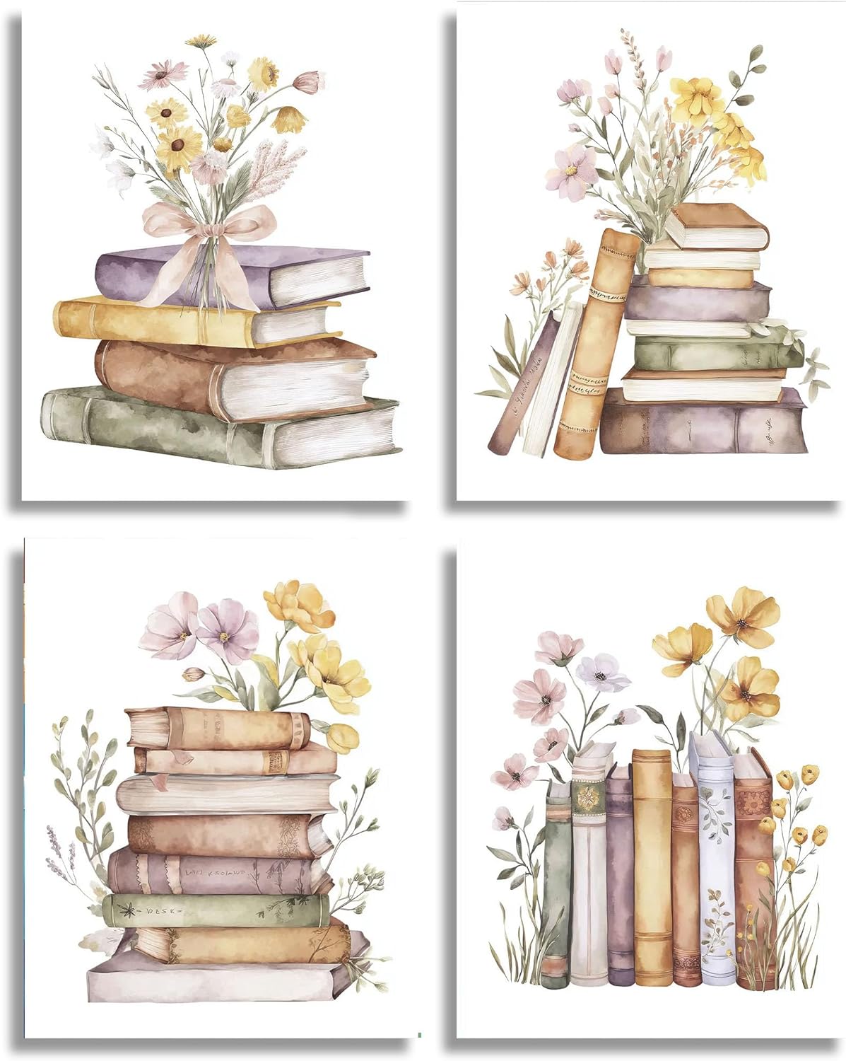 Frimeeme Retro Reading Wall Art Prints Set of 4,Boho Wildflower Books Classroom Posters,Classroom Canvas Wall Art 8x10 Unframed