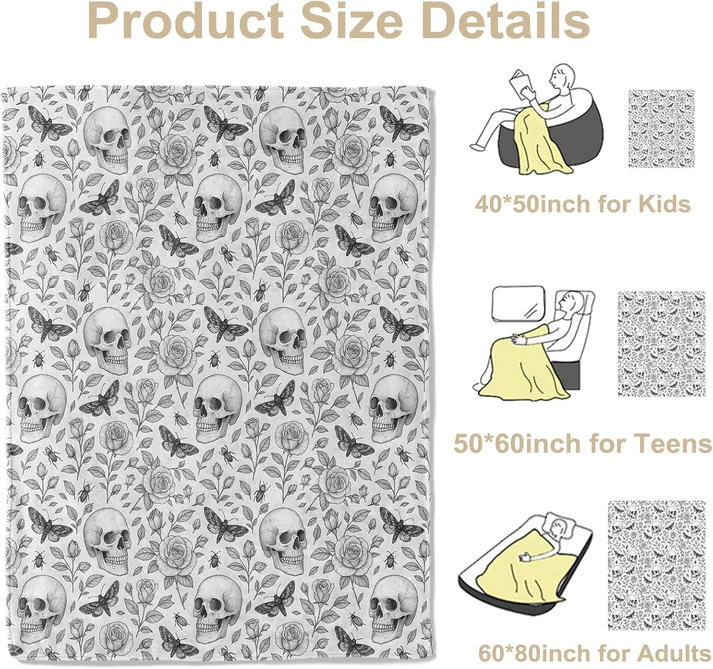 Gothic Skull and Rose Throw Blanket, Lightweight Warm Floral Flannel Blanket with Flowers Moth, Black and White Art Home Decor and Gifts, Soft Cozy Blankets for Women Men, 50"x60" for Bed Couch Travel