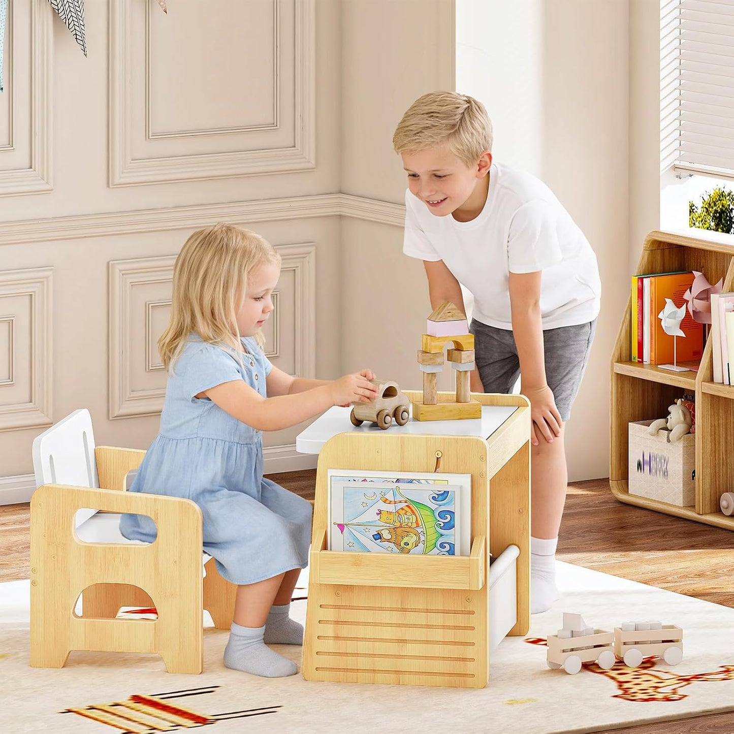 HOOBRO Kids Table and Chair Set, Bamboo Toddler Table and Chair Set, Weaning Baby Table Chair Set for Age 1-3, Two-Sided Flip Tabletop, Kids Funiture for Reading Eating Playing Natural YW30KT01