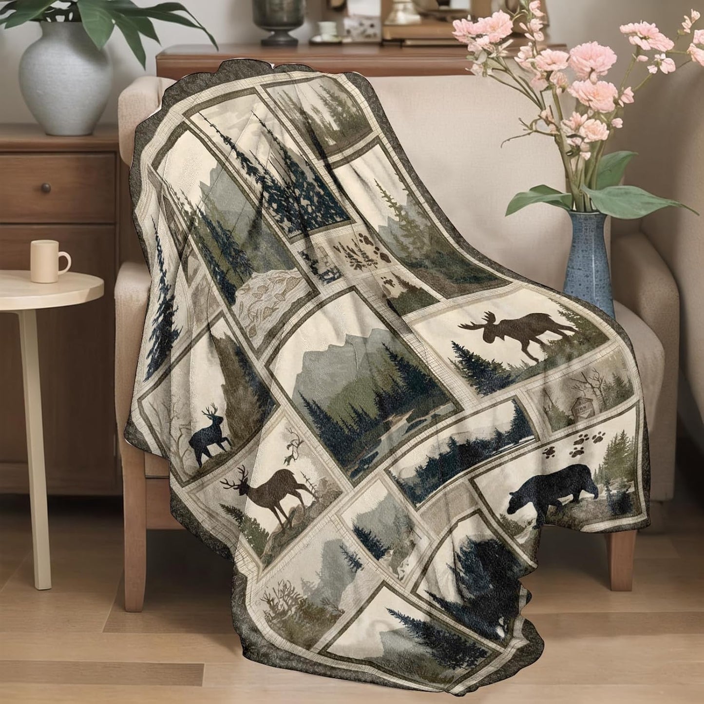 Wildlife Silhouette Flannel Blanket Forest Moose and Bear Design Lightweight Throw Blankets for Sofa Picnic Travel and Gathering Decorate All Season Use Farmhouse Style Gifts 50x60in